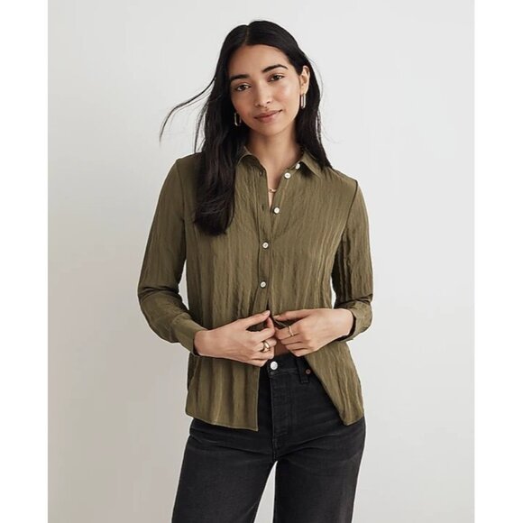 Madewell Crinkled Button-Up Shirt in Desert Olive - Picture 2 of 9
